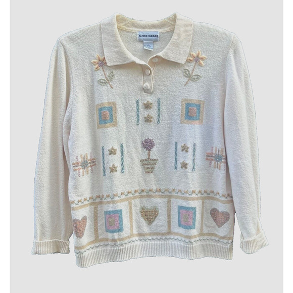 Alfred Dunner Vintage Sweater Womens Large Cream Embroidered Flowers Grandmacore - Picture 1 of 7